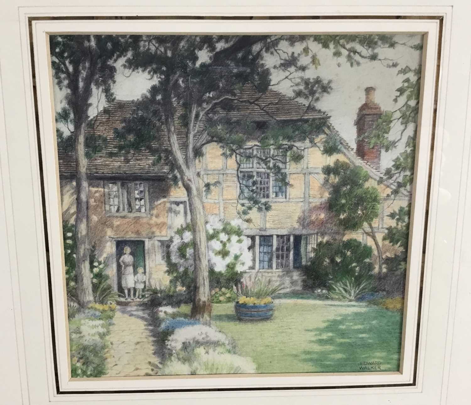 Lot 8 - Edward Walker (1879-1955) pencil study - cottage and garden, signed, 18cm x 18cm