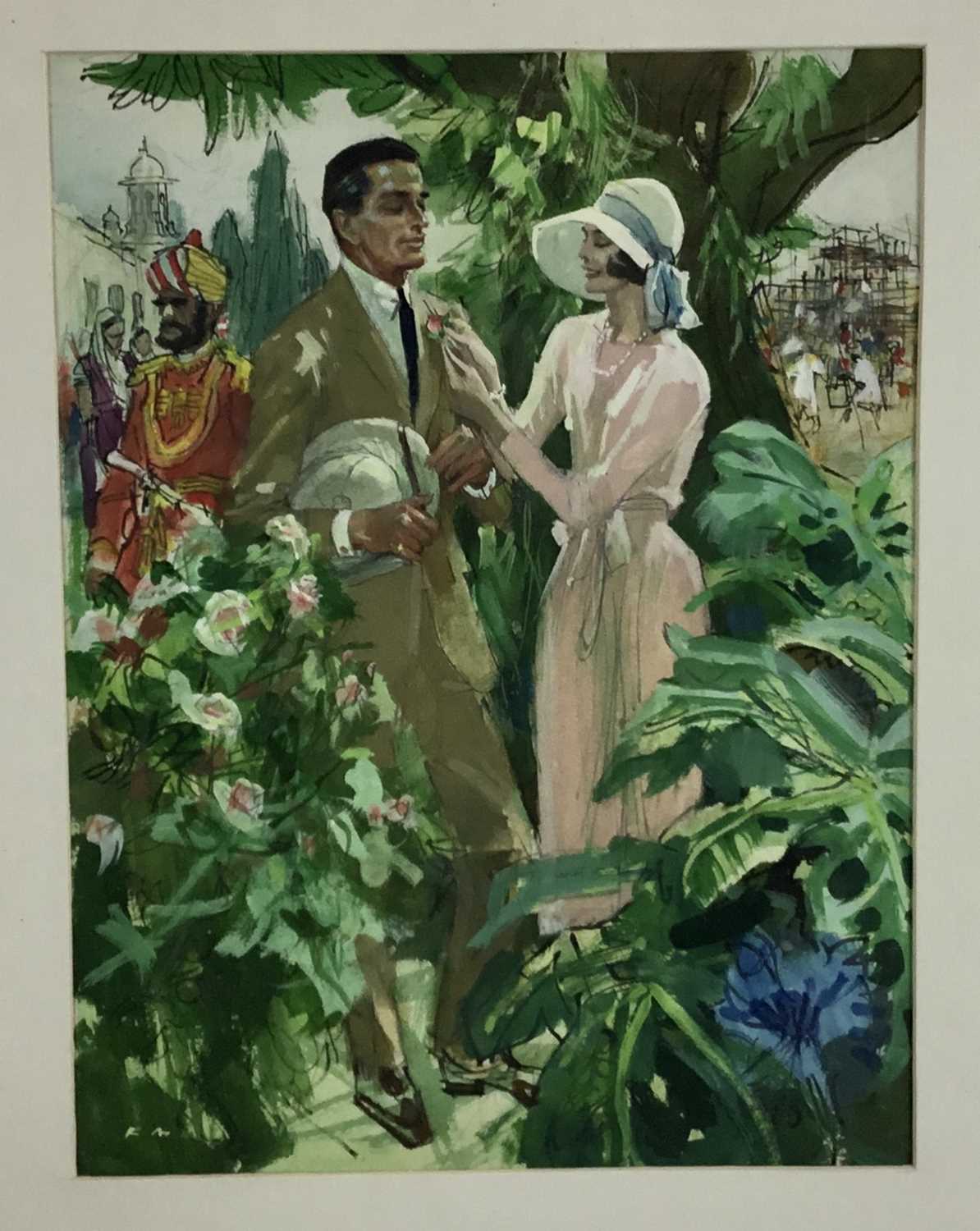 Lot 28 - Francis Marshall (1901-1980) gouache illustration - a couple in a garden, signed, possible a design for Barbara Cartland.