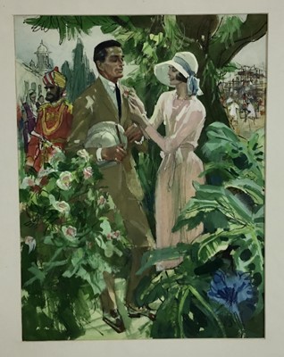 Lot 1230 - Francis Marshall (1901-1980) gouache illustration - a couple in a garden, signed, possible a design for Barbara Cartland.
