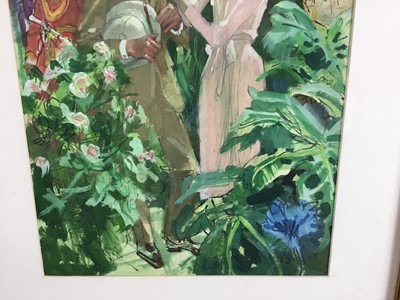 Lot 1230 - Francis Marshall (1901-1980) gouache illustration - a couple in a garden, signed, possible a design for Barbara Cartland.