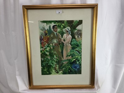 Lot 28 - Francis Marshall (1901-1980) gouache illustration - a couple in a garden, signed, possible a design for Barbara Cartland.