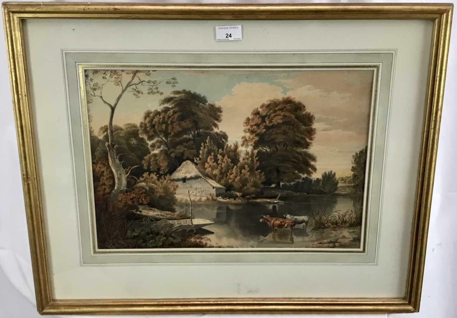 Lot 24 - Attributed to John Glover (1767-1849) watercolour - cattle and cottage, 44cm x 31cm in glazed frame