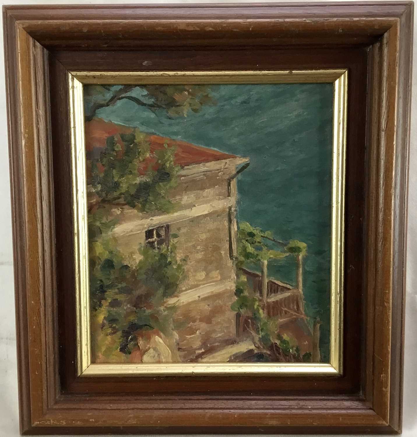 Lot 39 - Follower of Sir W. S. Churchill oil on board - study of house by the sea