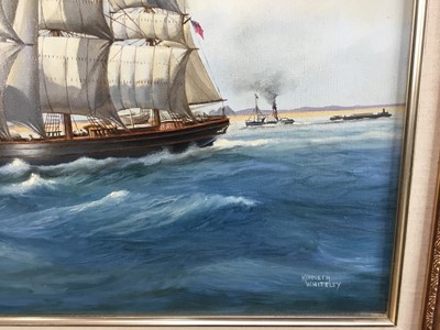 Lot 38 - Kenneth Whitely oil on canvas - The Cutty Sark off the coast, signed, 75cm x 50cm, framed