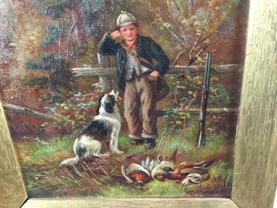 Lot 40 - H. T. Hunt oil on canvas - Boy and dog with pheasants, 20cm x 24cm, framed