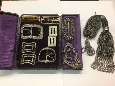 Lot 1023 - Georgian cut steel misers purse, together with a collection of ten Georgian and later paste and other buckles, contained in a leather jewel case