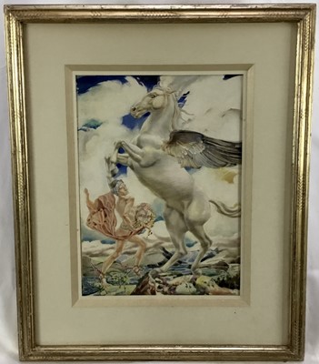 Lot 22 - Jessie Margaret Hodge 1901-      Persius with Medusa's head with Pegasus, watercolour and gouache, signed, in gilt frame, also label verso. 30 x 21.5cm.                                    50.00