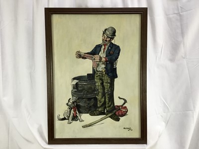 Lot 21 - Neil McLeod. A tramp and his dog at a bin, oil on board, signed and dated '84, in wooden frame. 68 x 48cm.