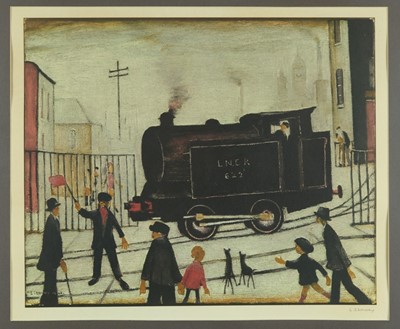 Lot 1164 - *Laurence Stephen Lowry (1887-1976) signed colour print - "Level crossing with LNER steam train", signed in pencil lower right, 49.5cm x 60cm, in glazed frame