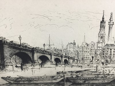 Lot 56 - William Monk (1863-1937) signed etching - London Bridge, titled and signed in pencil, 19cm x 26.5cm, mounted