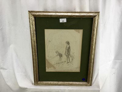 Lot 49 - Claude Allin Shepperson (1867-1921) pencil sketch design, two figures, signed and inscribed, 29cm x 23cm, in glazed frame