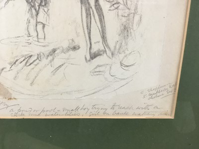 Lot 49 - Claude Allin Shepperson (1867-1921) pencil sketch design, two figures, signed and inscribed, 29cm x 23cm, in glazed frame