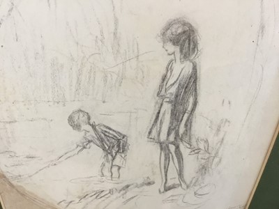 Lot 236 - Claude Allin Shepperson (1867-1921) pencil sketch design, two figures, signed and inscribed, 29cm x 23cm, in glazed frame