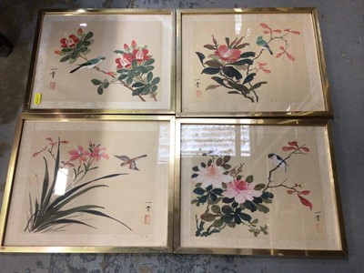 Lot 837 - Collection of 11 Japanese watercolours on silk depicting birds and flowers, together with a Japanese scroll