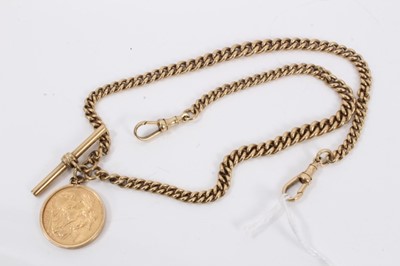 Lot 740 - Gold full sovereign in pendant mount on gold curb link watch chain