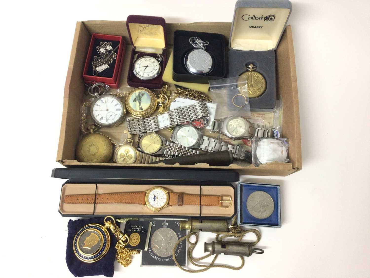 Lot 66 - Group of various watches and pocket watches, silver watch chain and an 18ct gold diamond single stone ring (diamond loose)