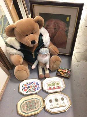 Lot 337 - Four Halcyon Days dishes and enamel box from the Hermitage Collection, Harrods 2001 teddy bear, Mr. McGregor doll, Pirelli calendar and a pastel of a dog
