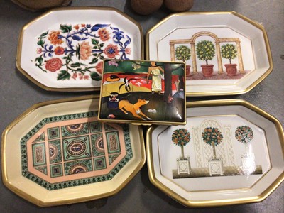 Lot 337 - Four Halcyon Days dishes and enamel box from the Hermitage Collection, Harrods 2001 teddy bear, Mr. McGregor doll, Pirelli calendar and a pastel of a dog