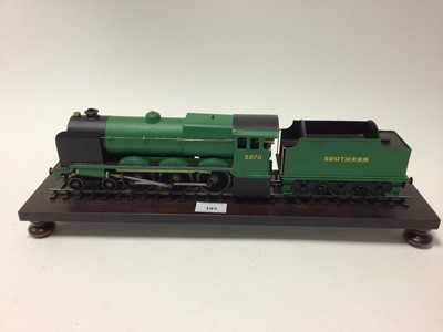 Lot 193 - O gauge 4-6-0 Southern Railway locomotive and tender 3770, repainted in green and black livery, mounted on wooden plinth and rail (possibly Bassett Lowke Super Enterprise)