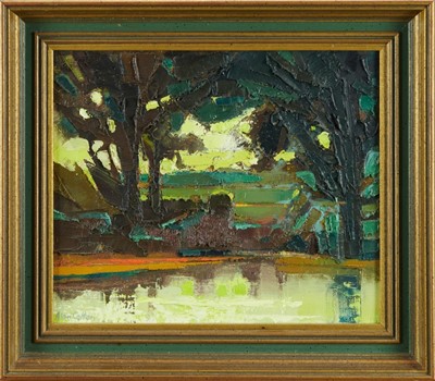 Lot 1176 - *Alan Cotton (b.1936) oil on canvas - Golden Light, River Otter, signed, inscribed verso, 26cm x 31cm, framed