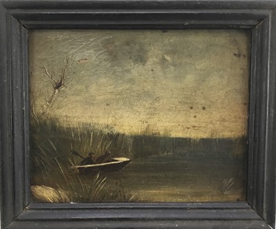 Lot 111 - 19th century English naive school, oil on panel - duck shooting, 19cm x 25cm