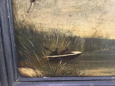 Lot 111 - 19th century English naive school, oil on panel - duck shooting, 19cm x 25cm