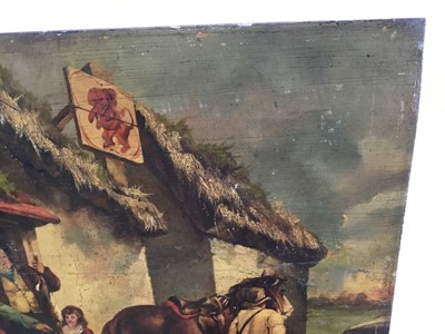 Lot 110 - After George Morland, oil on panel figures beside a tavern