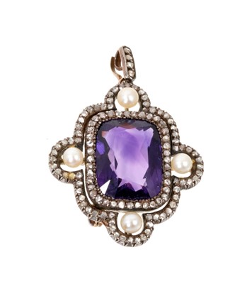 Lot 622 - Late Victorian amethyst diamond and seed pearl pendant/brooch