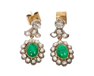 Lot 624 - Pair of antique emerald and diamond pendant drop earrings.