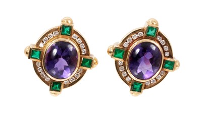 Lot 729 - Pair amethyst, emerald and diamond earrings in gold setting