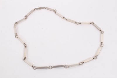 Lot 83 - Cultured pearl three strand chocker necklace with 9ct white gold clasp, Denmark silver necklace and a modernist silver bracelet