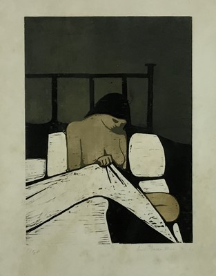 Lot 87 - Lewis Bassingthwaighte (1928-1983) print - woman in bed, signed and dated '66, 35cm x 50cm in glazed frame