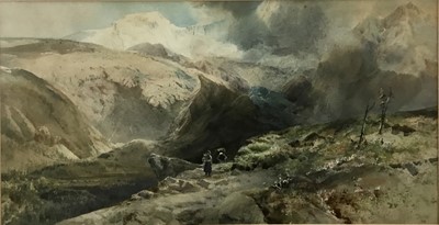 Lot 88 - B. J. M. Donne 19th century watercolour - Saas Fee glacier, signed and dated (18)'88, 62cm x 32cm mounted in glazed frame