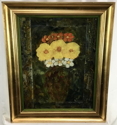 Lot 116 - Peter McCarthy (contemporary) mixed media and collage, flowers in a vase, inscribed verso, 48 x 37cm, glazed frame