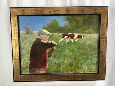 Lot 201 - Norman Coker, contemporary, oil on board, Training a pointer, signed, titled verso, 45 x 60cm, framed
