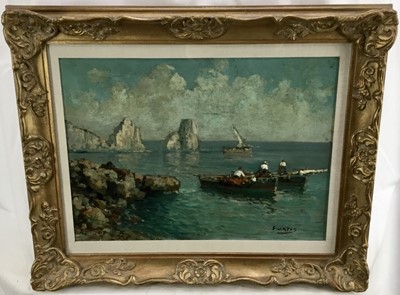 Lot 223 - Maria Fortis Camussi (1880-1960), oil on panel, fisherman in a cove, signed, 31 x 38cm, glazed frame