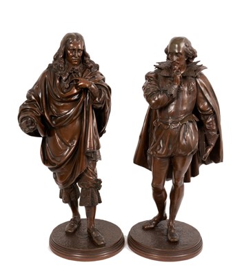 Lot 935 - John Jules B. Salmson (1823-1902): Substantial pair of bronze figures of Shakespeare and Rousseau