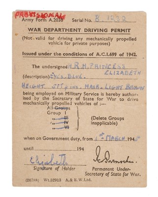 Lot 76 - Her Late Majesty Queen Elizabeth II - very rare military provisional driving license when she was Princess Elizabeth and was serving in the ATS together with a contemporary handwritten account of h...