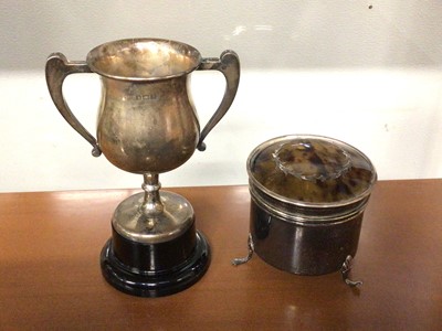 Lot 837 - Silver two handled trophy on stand and a white metal pot with tortoishell cover