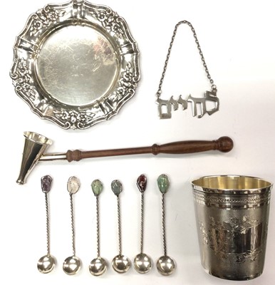 Lot 1041 - Silver candle snuffer, silver pin dish, spirit label, six spoons and white metal beaker