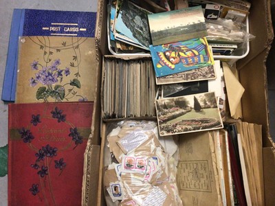 Lot 342 - One box of vintage postcards and albums, loose stamps etc