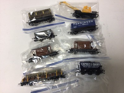 Lot 247 - Hornby OO gauge rolling stock including Railiner curtain sided wagon (x5), R6187, EWS closed van (x2), R6042A, BR Bogir Bolster A, R6123, assorted wagon set, R6228, plus six other wagons, all boxed...