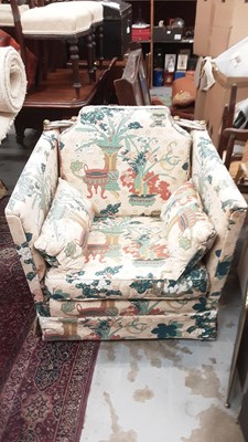 Lot 1289 - Pair of good quality Knole style armchairs with patterned upholstery, 87cm wide, 84cm deep, 85cm high