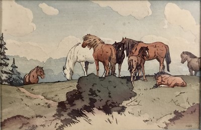 Lot 239 - Allen William Seaby (1867-1953) colour woodcut, Dartmoor ponies, 22 x 31cm, glazed frame