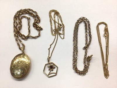 Lot 1029 - Group 9ct gold to include oval locket on chain, gem set flower pedant on chain and two other chains