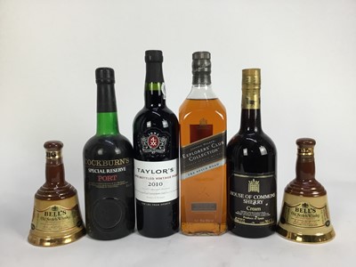 Lot 33 - Six bottles, Johnnie Walker The Spice Road, boxed, two bottles of port, House of Commons sherry and two Bell's whisky bell shaped decanters