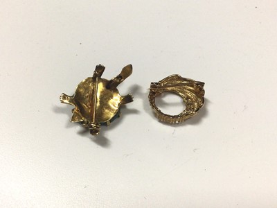Lot 5 - 18ct gold mounted and raw emerald novelty brooch in the form of a tortoise, together with 9ct gold gem set brooch (2)