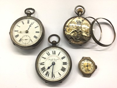 Lot 1002 - Two silver cased pocket watches (one lacking dial), Railway pocket watch and one other watch (4)