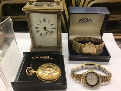 Lot 1003 - Brass carriage clock, Rotary gold plated wristwatch in box, one other wristwatch and gold plated pocket watch on chain