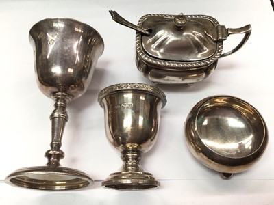 Lot 1072 - Group of silver to include mustard pot and spoon, salt, egg cup and challis